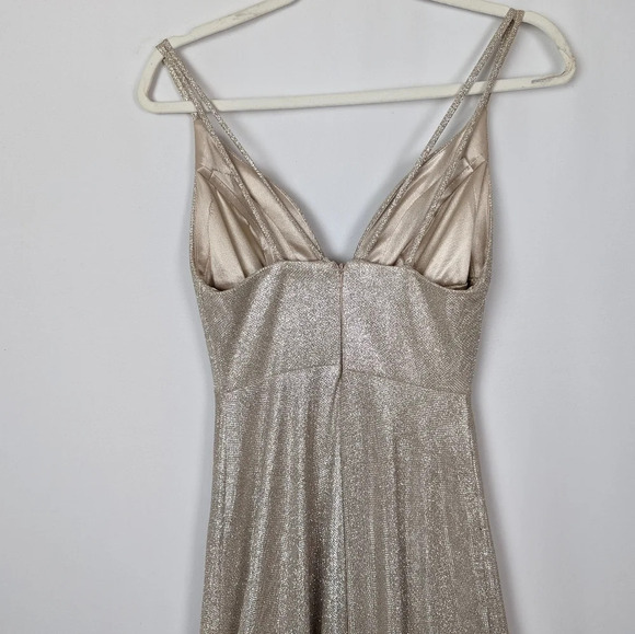 CINDERELLA DIVINE sz.2 Metallic Glitter Evening Formal Dress Champagne High Slit - Picture 12 of 16